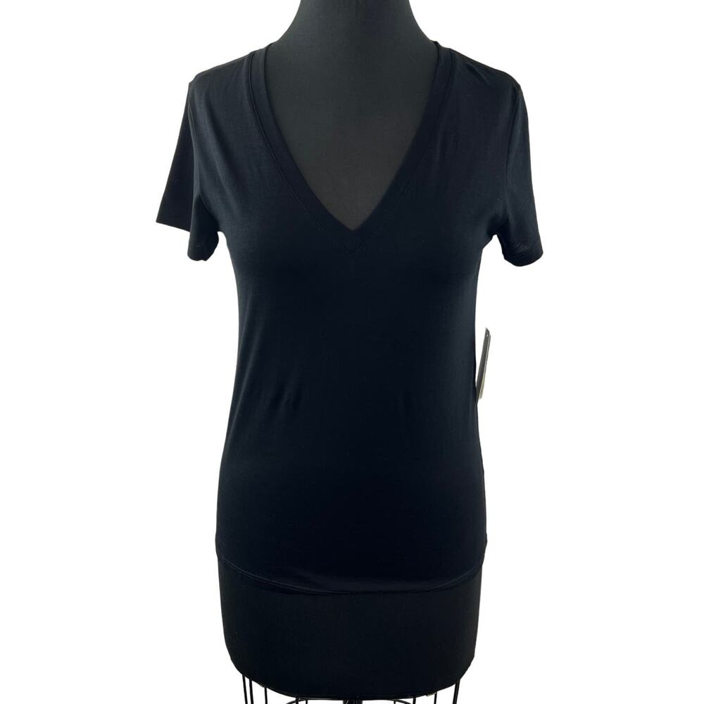 VINCE Black Top Pima Cotton Essential Deep V-Neck Relaxed Fit Trendy Size S NEW
